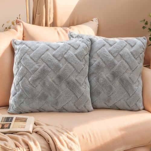 FeinKulturia 2er Set Kissenbezug 45x45 cm Kaninchenfellimitat Zierkissenbezüge Weich Flauschig Sofakissen Luxus Plüsch Kissenbezüge für Sofa Schlafzimmer Wohnzimmer Kuschelkissen Dekokissen