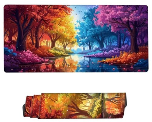 Spelmusmatta höst musmatta, vattentät musmatta träd skrivbordsmatta stor 150 x 80 x 0,3 cm, halkfri skrivbordsmatta, sydda kanter spelmusmatta, förbättrad precision och hastighet, skrivbordstillbehör