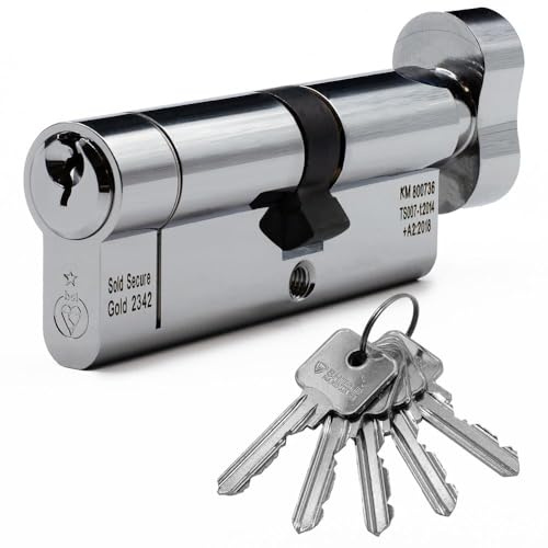 Euro Cylinder Door Lock Thumb Turn Chrome - BSI TS007 Sold Secure Gold Anti-Snap - Includes 5 Keys 45T/55