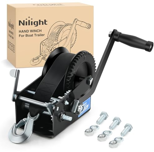 Nilight Boat Trailer Winch 3500 Lbs Hand Crank Winch Heavy Duty Boat Winches with 33Ft Strap Rope Hook Two Way Ratchet 4:1 8:1 Gear Portable Marine Manual Winch for Trailers Boat RV ATV Jet Ski Towing