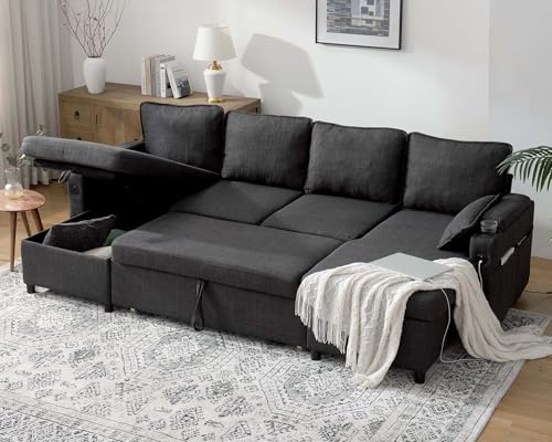 DURASPACE Sofa Bed Sleeper Sofa Pull Out Couch with Double Storage Chaise, Sectional Couch for Living Room, U Shaped Couch with Removable Covers (Dark Gray)