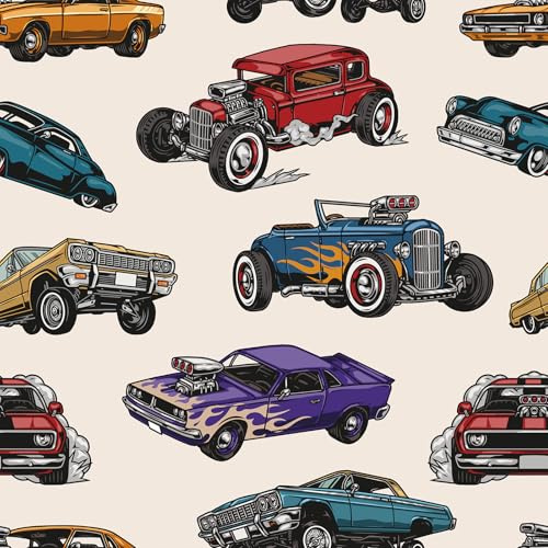 Livelynine Classic Cars Wallpaper for Boys Bedroom 44.5CMx7M Coloured Retro Sports Car Wall Paper Roll for Feature Walls Kids Peel and Stick Beige Wallpaper Nursery Patterned Sticky Back Plastic