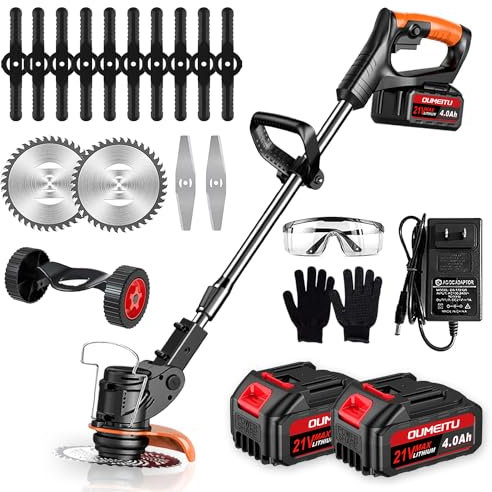 Akku Rasentrimmer mit Akku und Ladegerät, 3-in-1 Elektrischer Akku Motorsense & Rasentrimmer Rasen mit 2X 4.0Ah Akku & Metall Messer, Akku Freischneider für Rasenschneiden und Garten