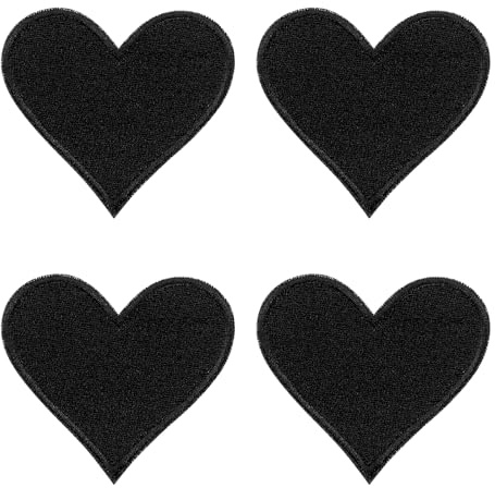 QUARKZMAN 4Pcs Patch Thermocollant Coeur Noir 70 x 68mm Ecusson Thermocollant Décoratifs pour la Réparation de Vêtements, Sacs à Dos, Chapeaux et Autres Créations