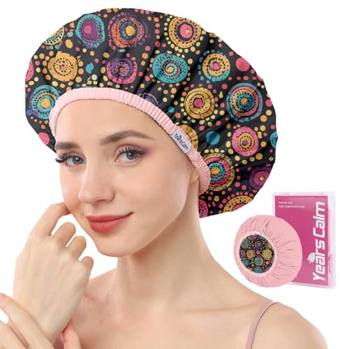 Years calm Bonnet de douche de luxe pour femme réutilisable et imperméable – Bonnet de bain double couche à pois avec élastique réglable pour tresses et cheveux longs, confortable et élégant