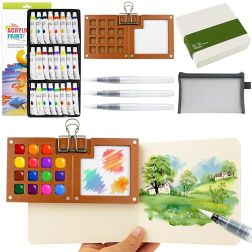 Zouboto Portable Mini Acrylic Paint Set Travel & 15 Grids Wooden Paint Palette with Metal Clip,Pocket Acrylic Travel Sets with Sketchbook & Water Pen,Gift for Painters and Artists