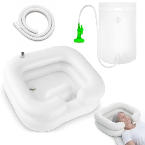 Bac a Shampoing Domicile Gonflable, Bac pour Laver Les Cheveux avec Pommeau de Douche, Sac à Eau et 1m Tuyau de Vidange, Lavabo Gonflable pour Personnes Alitées, Handicapées, Blessées et Âgées