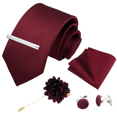 Xynovate Cravatta Uomo Elegante Set, Cravatta da Uomo in Twill con Design in Tinta Unita con Gemelli Pocket Square, Fermacravatta e Spilla Floreale per Feste, Business, Matrimoni