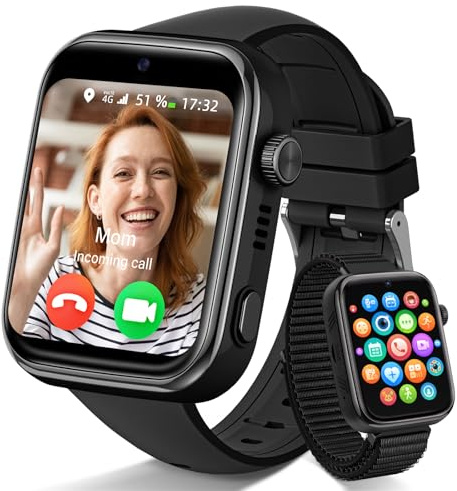 4G Smartwatch Bambini, IP68 Orologio Smartwatch Bambini con GPS e Chiamate, Videochiamate, WhatsApp, Wi-Fi, Chat Vocale, SOS, SMS, Modalità Scuola, SIM, IP68 Contapassi Smart Watch Ragazzi Regalo Nero