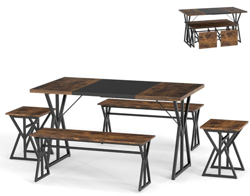 RELAX4LIFE Table à Manger avec Banc et Tabouret, Table de Cuisine pour 4-6 Personnes, Design Géométrique, Structure Métallique, Ensemble Salle à Manger Industriel, Gain de Place