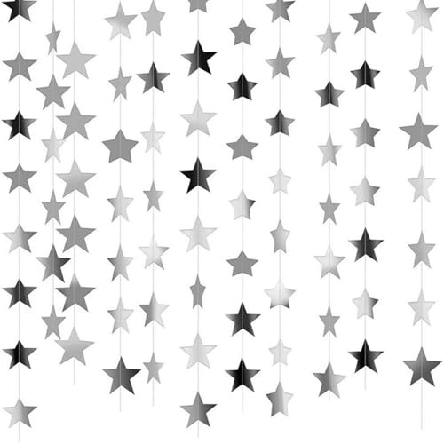 DYSWTUE Guirnalda de Papel de Estrella Reflectante de 52 Pies, Banderines de Estrellas Brillantes Plateadas, Decoración Colgante, para Cumpleaños, Vacaciones, Bodas, Aniversarios