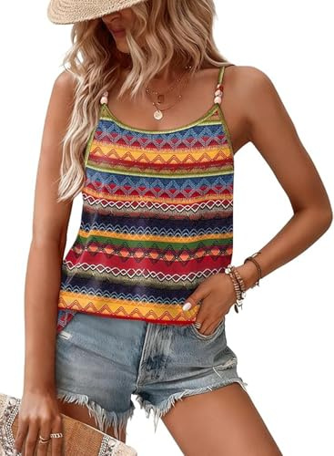 ABINGOO Débardeur Femme Été Bretelles Spaghetti avec Perles Ample Tank Top | Ample Imprimé Sans Manches Caraco Bohème Élégant Chic Strap Sexy Haut