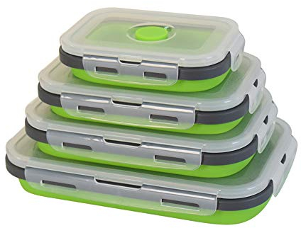Set di contenitori per alimenti pieghevoli, set di contenitori per alimenti ermetici in silicone, 350/500/800/1200 ml, colore: verde