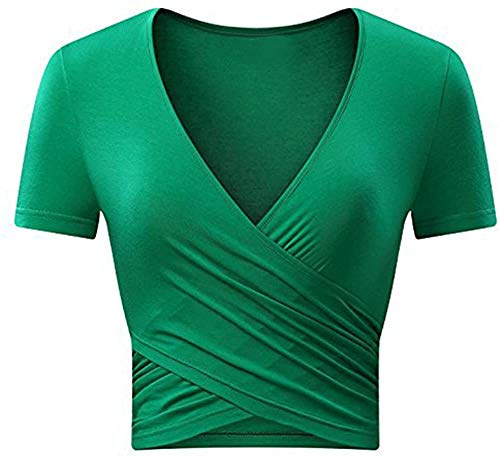 Uniquestyle dam V-ringad kortärmad t-shirt topp wrap toppar fjäder midja lös, Färg: grön, S