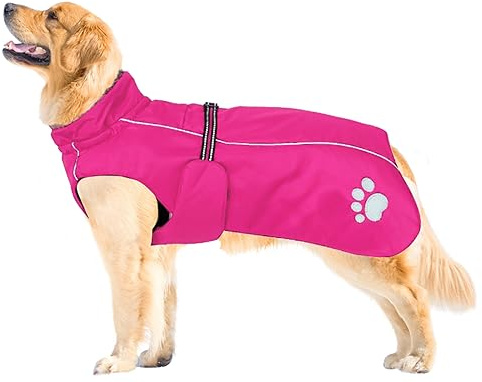 MOREZI Giacca impermeabile per cani, tessuto esterno impermeabile, fodera in pile, bordino riflettente e cintura in vita regolabile, adatta a cani di taglia media e grande-Rosa-S