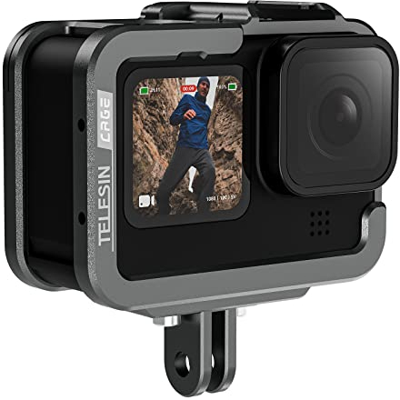 TELESIN Kamerakäfig für GoPro Hero 12 11 10 9, Aluminium käfig Cage Gehäuse für Go Pro, passend für Go Pro mit ND CPL-Objektivfilter Max-Objektiv an der Kamera mit Cold Shoe Connect zum Video mikrofon