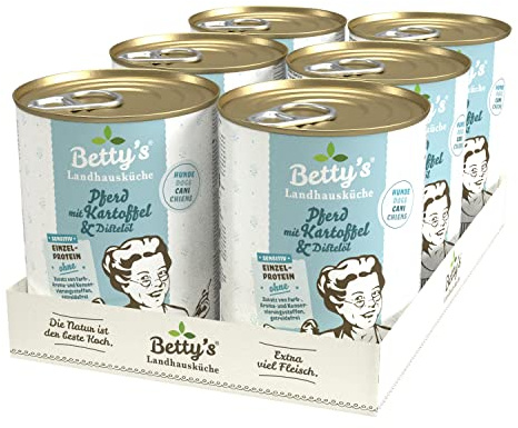 Betty's - Cucina rustica per cani e cavalli con patate e olio di cardo 6 x 400 g, adatta a tutte le razze di cani, alta biodisponibilità, prestiamo attenzione alla migliore qualità