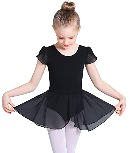Monbessi Ballet Leotard for Girls Short Sleeve Cross Straps Ballet Dress Kids Cotton Ballet Outfit Gymnastics Leotard with Chiffon Skirt Suit for 2-11 Years (140 (130-140cm,7-9 Years), Black)