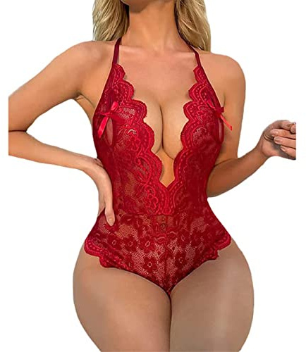 ROSVAJFY Women Lace Bodysuit Sexy One Piece Teddy Lingerie Deep V Babydoll | Mesh Lace Adjustable Strap Intimates, Bow Decor Backless Negligee, Cutout Slim Bodycon Y-Back Stretch Nightwear for Valentine