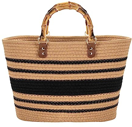 MengH-SHOP Handtasche Große Sommer Strandtasche Handgewebte Shopper Tasche mit Griff Frauen Henkeltasche für Damen Reisen und Urlaub, Khaki und Schwarz