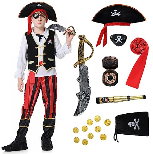 Enhenenhen Pirate Costume Enfant Deguisement Pirate, Déguisement de Pirate pour Garçon Fille avec ensemble d'accessoires, Déguisement de pirate d'Halloween Carnaval pour enfants de 3 à 12 ans