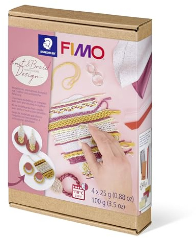STAEDTLER - Set FIMO - Pâte à modeler - 4 pains de 25 Grammes + 3 cutters + 2 accessoires de modelage & instructions - Thème Knit & Braid Design (Tricot & Tresse) - 8025 HTC6