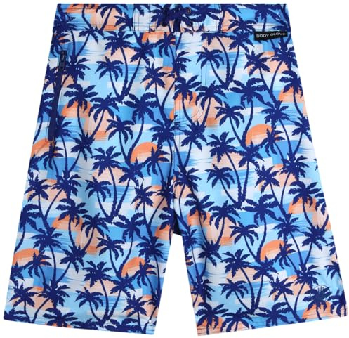 Body Glove Boys Swim Trunks - UPF 50+ Quick Dry Boys Swim Board Shorts Bathing Suit Kids Swimwear with Pockets (Sizes: 8-16), Size 14-16, Navy Orange Palm Trees