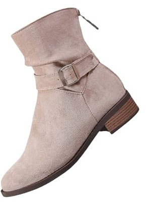 Stivali corti da donna eleganti con tacco corto, in pelle scamosciata, stivaletti da donna Chelsea, comodi stivali western con fibbie, stivali da equitazione retrò a punta, cachi, 43 EU