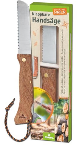 moses. Expedition Natur Klappbare Handsäge, Kindersäge mit Holzgriff, Fingerschutz & abgerundete Spitzen, Klinge aus rostfreiem Edelstahl, Outdoor-Werkzeug für Kinder, Silber