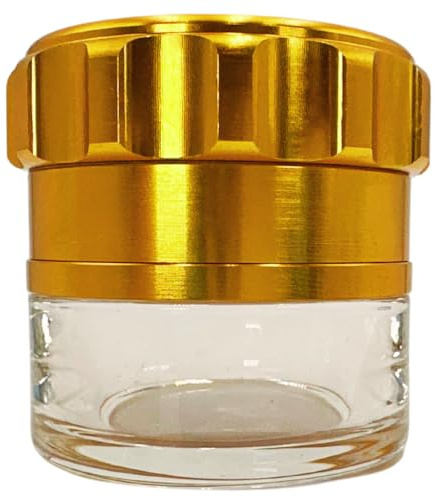 Spice Grinder. 2.5 inch herb grinder with jar attached. Jar offers a larger storage capacity. 3 layer design. Aluminum alloy with glass bottom. (NO Screen Catcher)