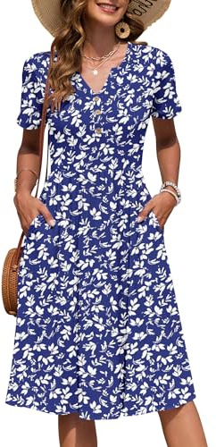 AUSELILY Robe Femme d'été à Manches Courtes Longueur Genou avec Poches | Col en V, avec Boutons, Mi-Longue, Style Empire
