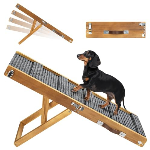 Pawaboo Rampa para Perros Plegable, Rampa para Mascotas de Madera 4 Alturas Ajustables de 13,6 a 21 con Alfombra Antideslizante, Escalera para Perros Pequeños Gatos para Sofá, Nuez