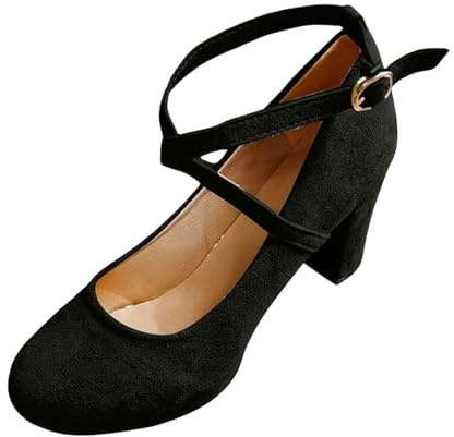 New UK 5.5 Suede Mary Jane Heels Women Ladies 6 Cm Block Mid High Heels Crisscross Ankle Strap Court Shoes Platform Mary Jane Comfort Work Pumps Formal Smart Office Heeled Strappy Sandals Gift Black