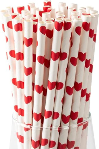 Cannucce di carta con cuori rossi su bianco, 100 cannucce biodegradabili per cocktail, matrimonio, San Valentino (21 cm di lunghezza, 6 mm di diametro)