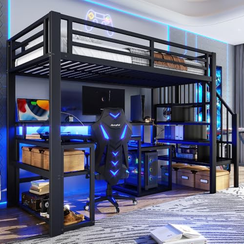 Cayipng Cama alta de 90 x 200 cm con luz LED y puerto USB, cama para niños de 90 x 200 cm, litera con escritorio, compartimento de almacenamiento, color negro