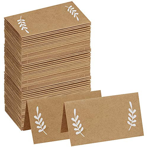 Supla 100 Pcs Place Cards with White Laurel Leaves Kraft Paper Cards Rustic Wedding Table Name Number Blank Table Tent Cards Table Name Tags Table Card Seating Cards Buffet Table Cards