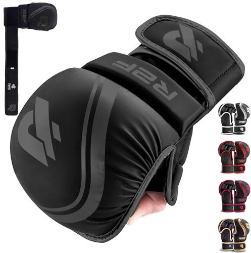 R2F MMA Gloves Grappling Training Sparring Fighting, Martial Arts Open Palm Mitts Men Women, Adjustable Wrist Support Vegan Leather, UFC Cage Fighting Combat Sports Boxing, Muay Thai