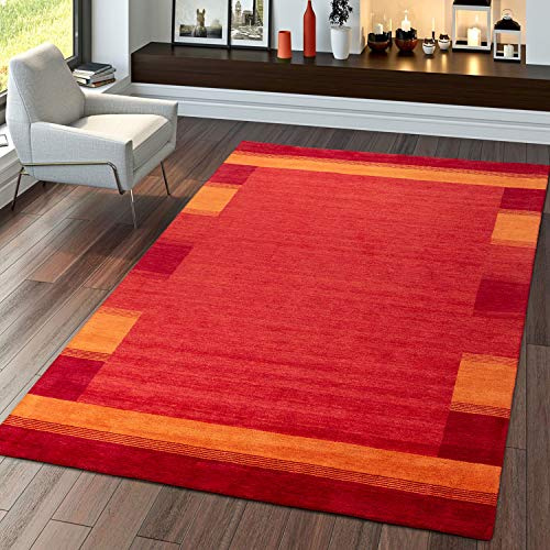 TT Home Teppich Handgertigter Indischer Gabbeh Aus 100% Wolle Bordüre Terrakotta Rot, Größe:160x230 cm