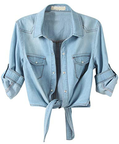 AMEBELLE Women's Roll Up 3/4 Sleeve Tie Front Knot Shirt Chambray Denim Crop Top(0088-LightBlue-L)