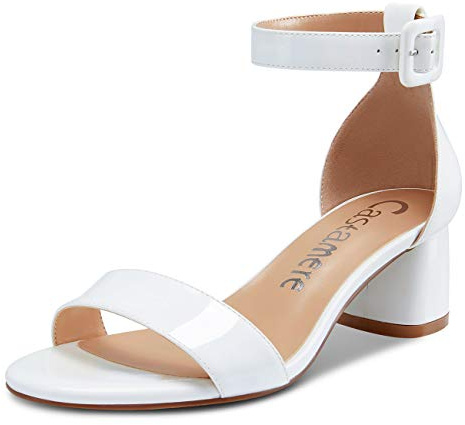 Castamere Escarpins Femme Bride Cheville Bout Ouvert Sandales Bloc Talon 5CM Blanc Vernis Chaussures EU 39