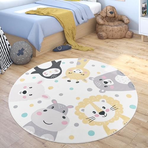 Paco Home Teppich Kinderzimmer Kinderteppich Waschbar Junge Mädchen Spielteppich Rund Modern Zootiere, Grösse:160 cm Rund, Farbe:Beige