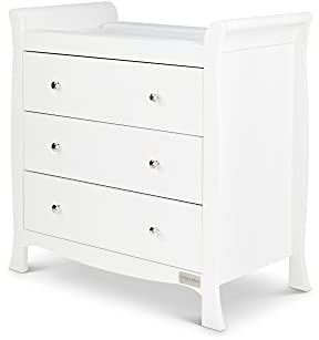 Ickle Bubba Snowdon 3-Drawer Baby Changing Unit & Dresser – Elegant Traditional Sleigh Design Nursery Chest of Drawers with Top Changer, Spacious Storage & Fits 76x46cm Changing Mat