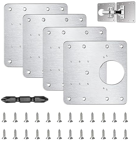 Flintronic 4 Piezas Placa de Reparación de Bisagras, Acero Inoxidable Artefacto Armario, con 24 tornillos y 1 Broca Phillips, para Madera.