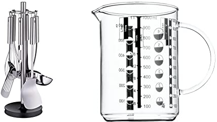 WMF Profi Plus Küchenhelfer Set 7-teilig, Ständer mit 6 Helfern, Schöpflöffel, Schaumlöffel, Wokwender & Gourmet Glas Messbecher 1l, hitzebeständiges Glas, Skalierung für Liter, Milliliter