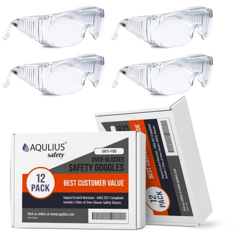 Aqulius Over Glasses Safety Glasses & Safety Goggles - 12-Pack, Clear Polycarbonate - Anti-Fog & Scratch-Resistant Bulk Eye Protection for Sanding & Shooting - ANSI Z87+ Rated Side Shields