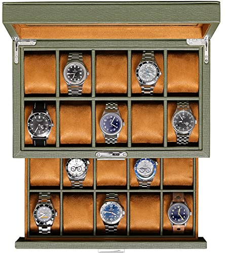 Cofanetto porta orologi in pelle con 20 scomparti, Porta orologi di lusso con display per gioielli con grande parte superiore in vetro - Porta orologi per uomo e donna - Scatola Dell'orologio