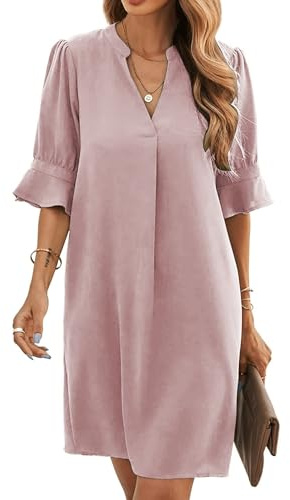 Famulily Abito camicia elegante e casual da donna con scollo a V, maniche a tre quarti, tinta unita, taglie dalla S alla XXL, Rosa, XL