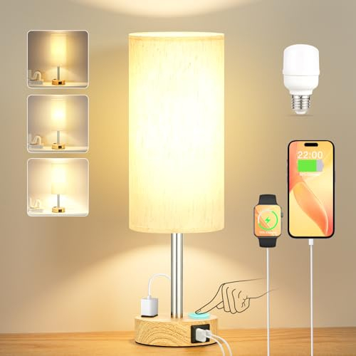 kakanuo Lampada da Comodino, Lampada da Tavolo Touch Dimmerabile con Porte di Ricarica USB-C+A+Presa, Abat Jour da Comodino Moderno per Camera da Letto Soggiorno Ufficio(Lampadina Inclusa)
