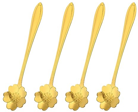 uxcell 4 cucharas de acero inoxidable con forma de flor de cerezo de 5 pulgadas, cuchara pequeña de postre para pastel de azúcar espresso, color dorado