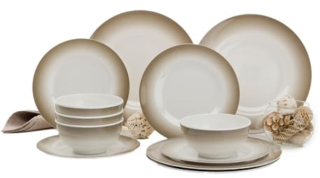 FLAMEFIELD ROYALE ECRU 12 - Matsalsset i melamin i stycken - Lyxigt vitt och beige servis för utomhusbruk, yacht och camping, elegant tallrik- och skålset, splitterbeständigt